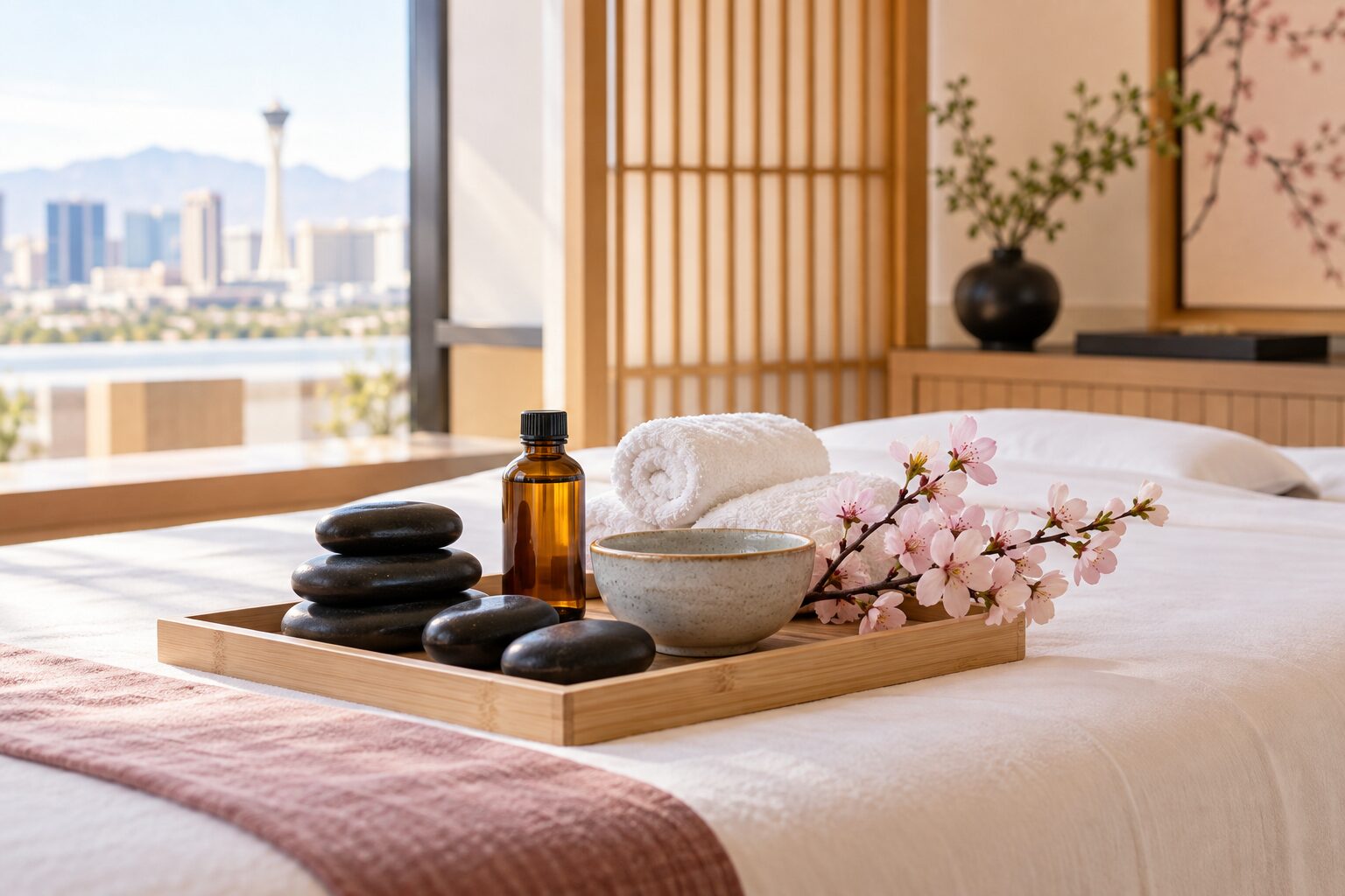 Hot stone massage preparation with stones, towels, and massage oil