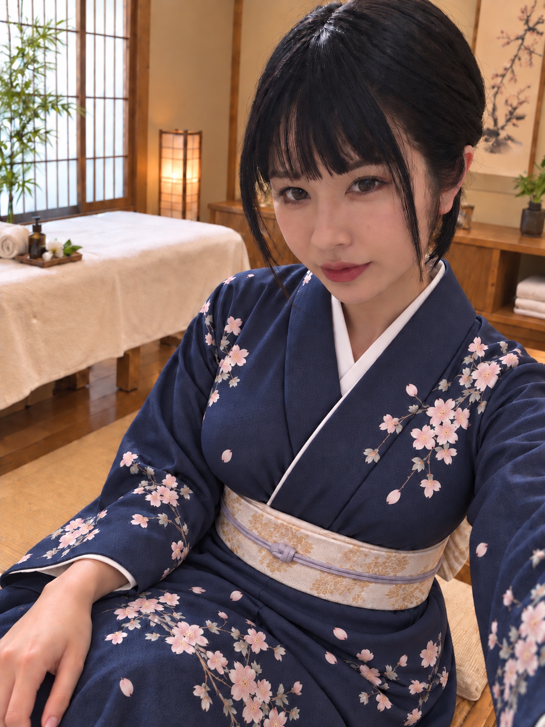 Japanese-inspired massage setting with a therapist in a floral kimono beside a prepared massage table